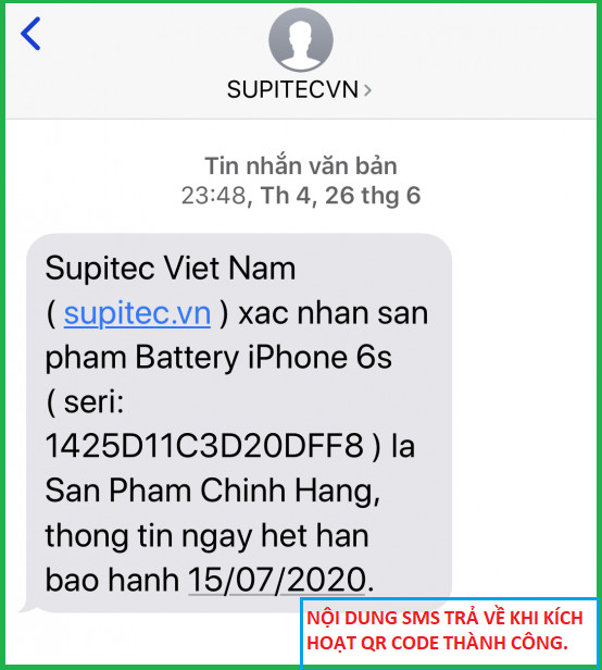 noi dung sms duoc tra ve khi kich hoat bao hanh thanh cong