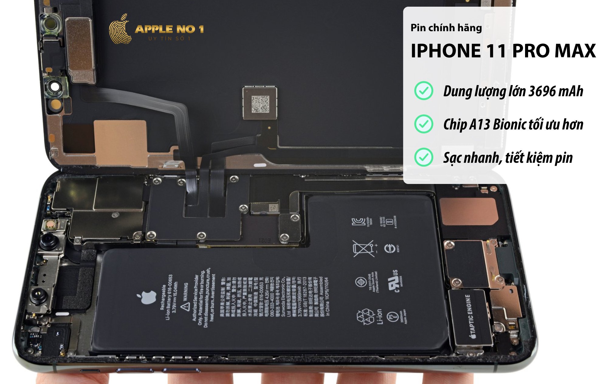 iPhone 11 Pro Max sở hữu dung lượng pin 3696mAh cho thời gian sử dụng lâu hơn